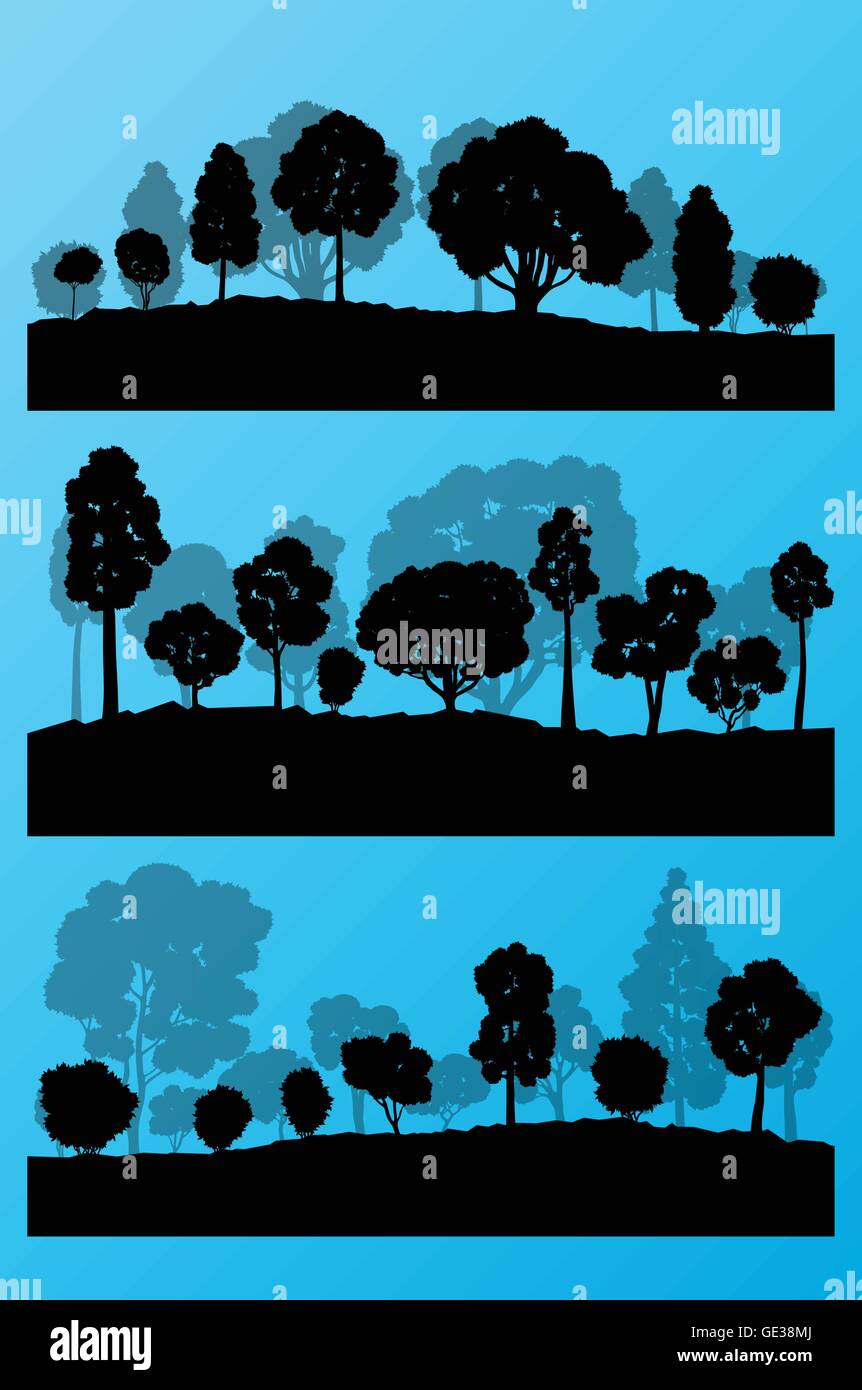 Forest trees silhouettes landscape illustration collection background ...