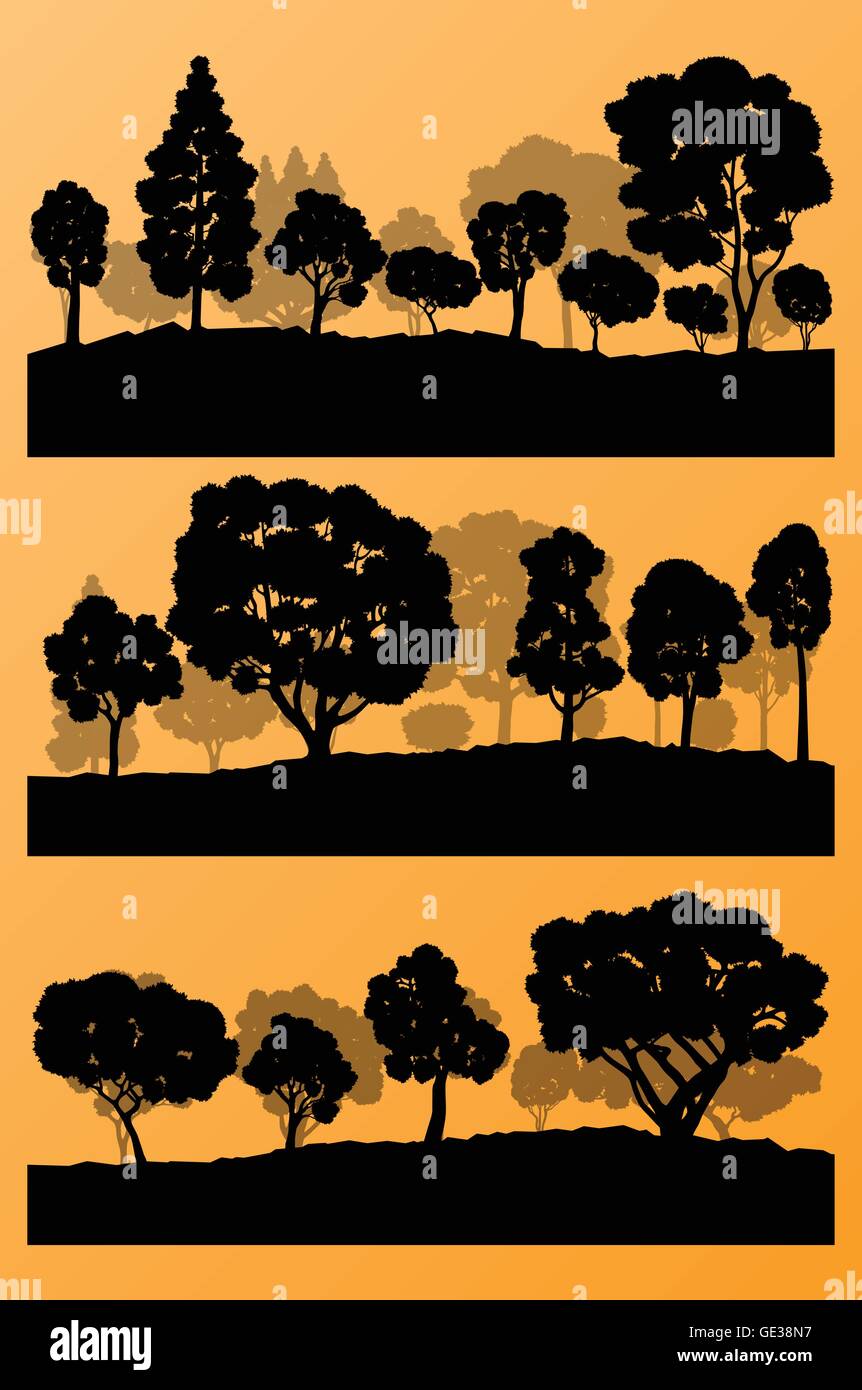 Forest trees silhouettes landscape illustration collection background ...