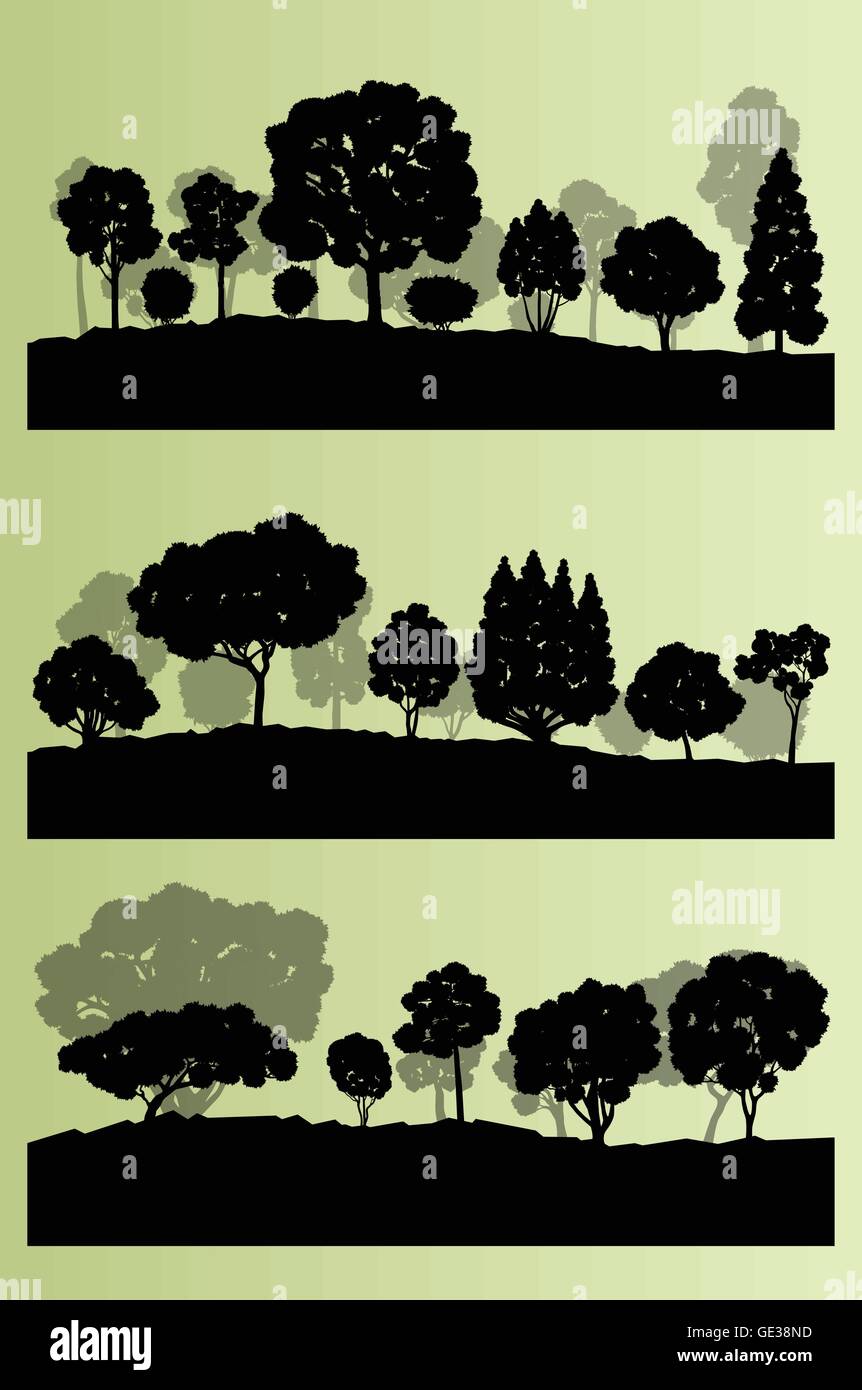 Forest trees silhouettes landscape illustration collection background ...