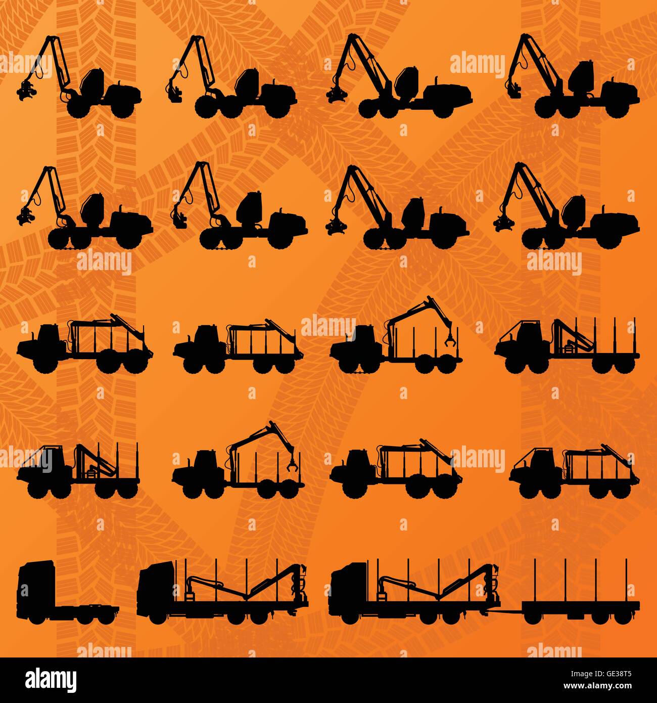 Forestry tractors, trucks and loggers hydraulic machinery detailed editable silhouettes illustration collection background vecto Stock Vector