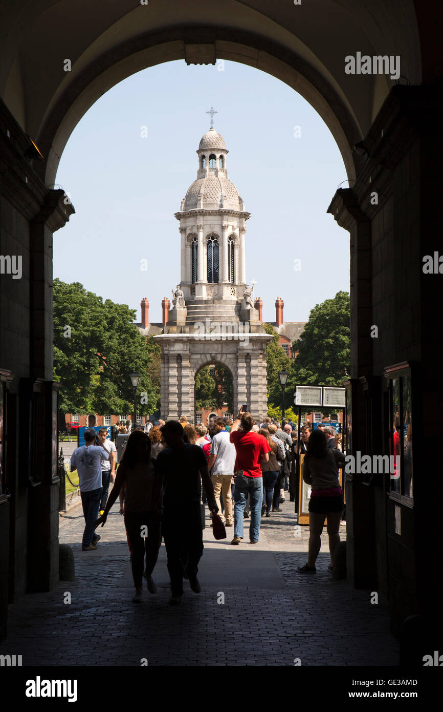 Ireland, Dublin, 1853 Trinity College Campanile Bell tower from Regent House porter’s lodge arch Stock Photo