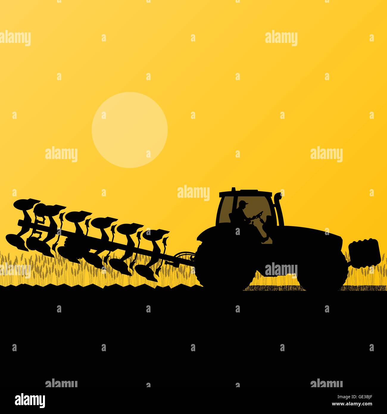 Agriculture tractor plowing the land in cultivated country grain field ...