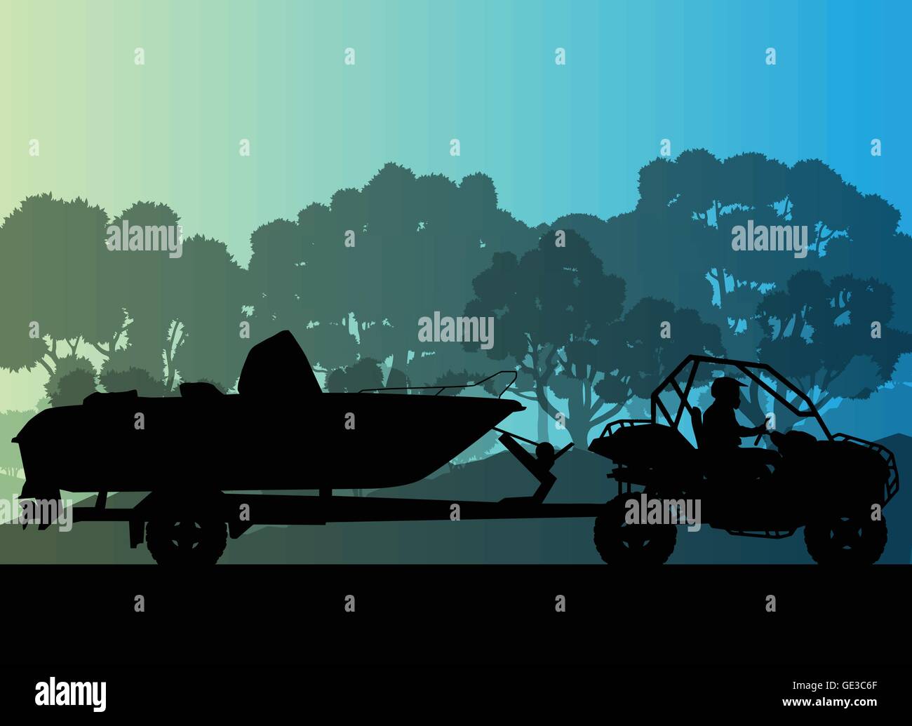 Yacht boat trailer vector background landscape with all terrain vehicle