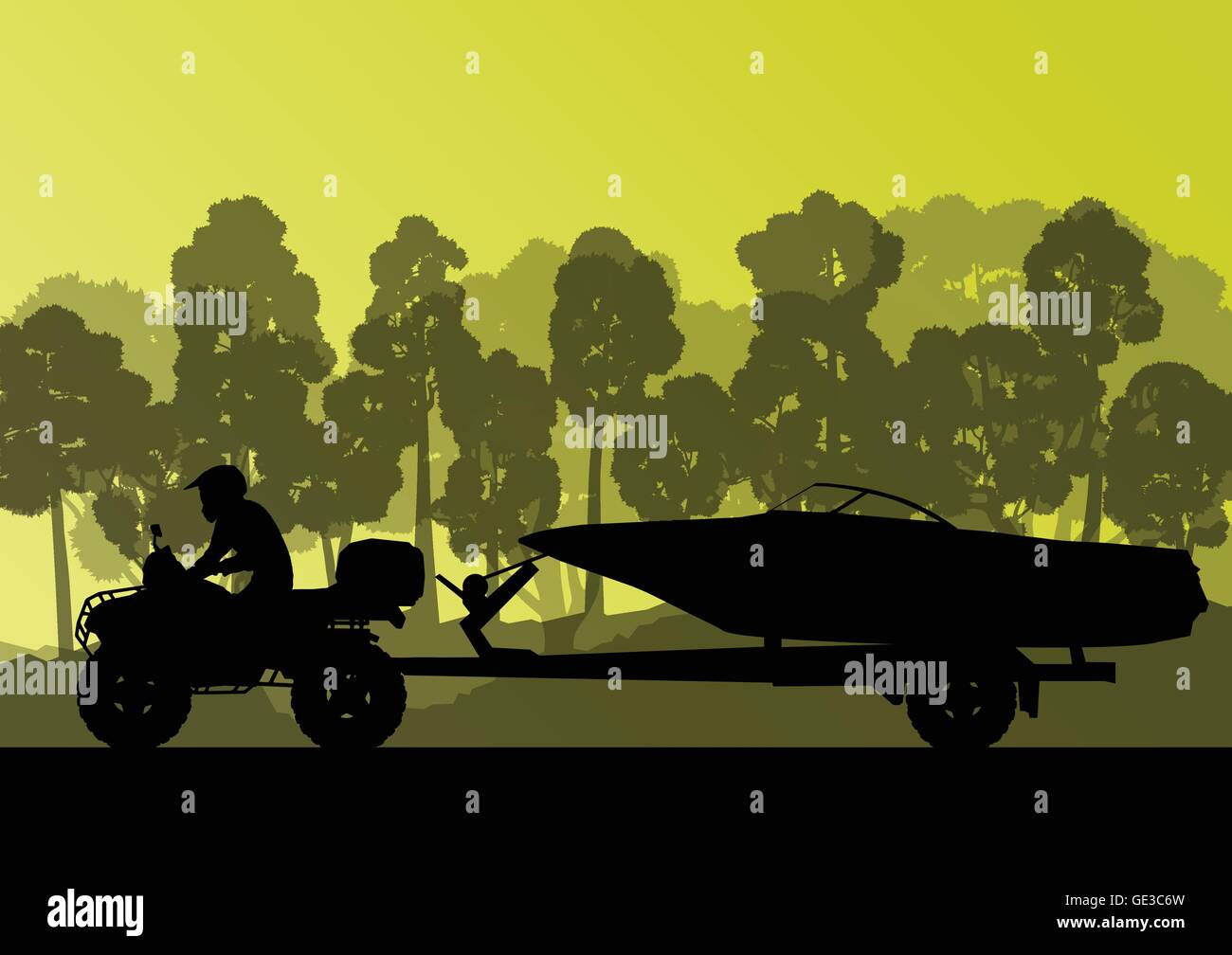 Yacht boat trailer vector background landscape with all terrain vehicle