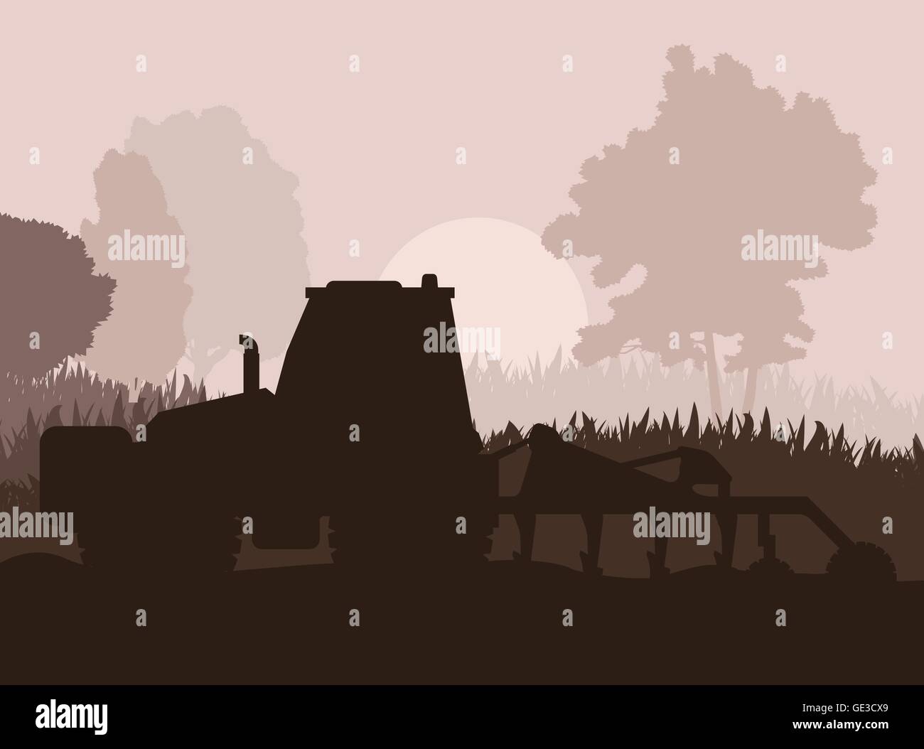 Tractor plowing the field vector background for poster Stock Vector