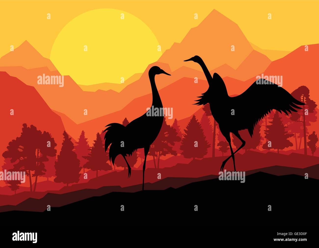 Crane couple in wild mountain nature landscape background illustration vector Stock Vector