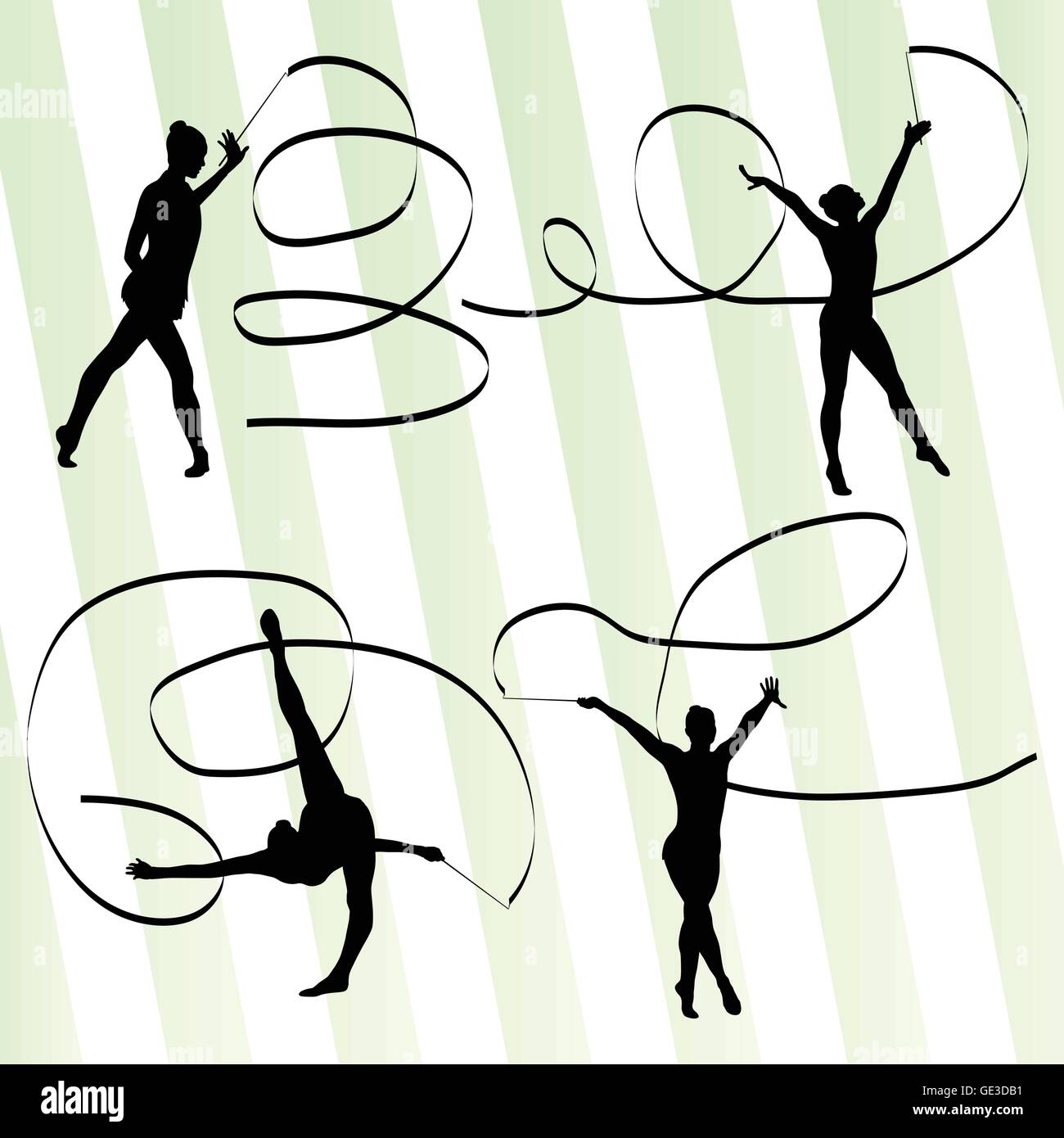 Woman with ribbon rhythmic gymnastics vector background set Stock Vector