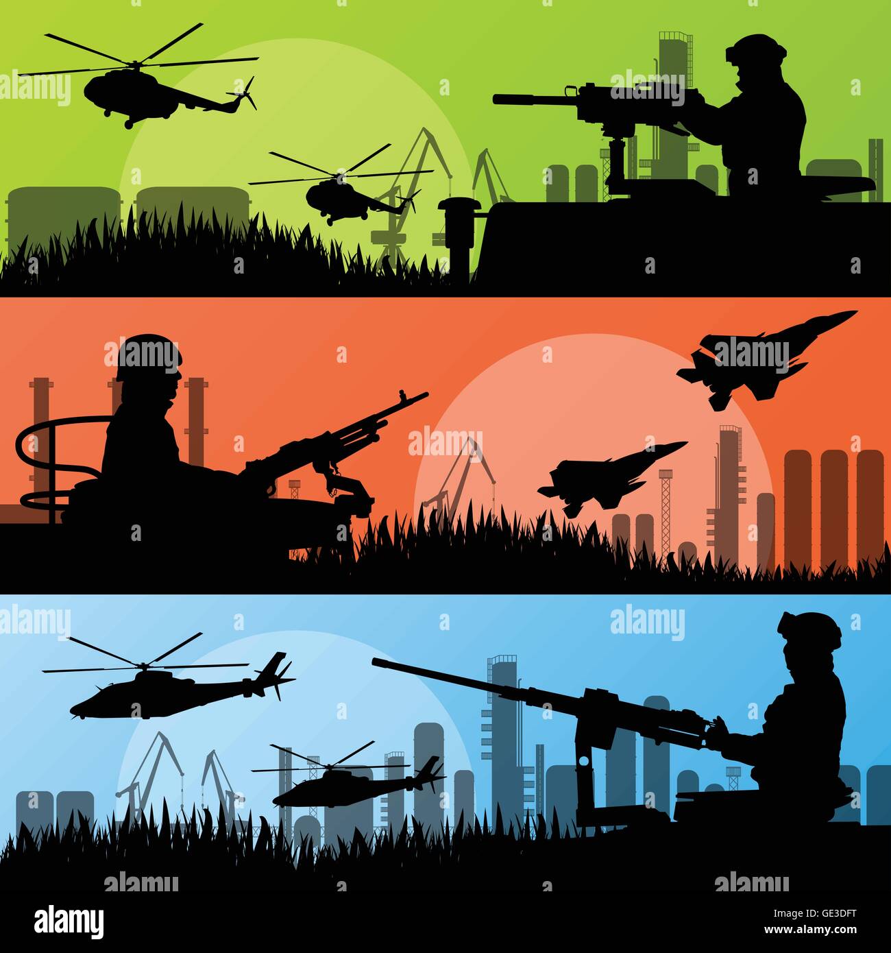 Army soldiers, planes, helicopters, guns and transportation in urban industrial factory landscape background illustration vector Stock Vector