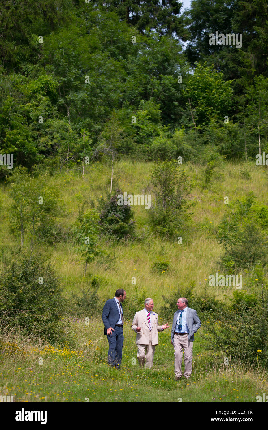 Britain's Prince Charles, In cream suit, Patron of the Gloucestershire Wildlife Trust, visits Daneway Banks Nature Reserve. Stock Photo