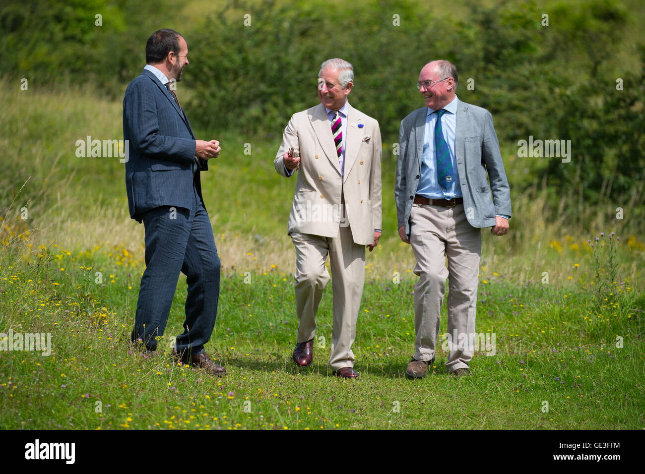 Britain's Prince Charles, In cream suit, Patron of the Gloucestershire Wildlife Trust, visits Daneway Banks Nature Reserve. Stock Photo