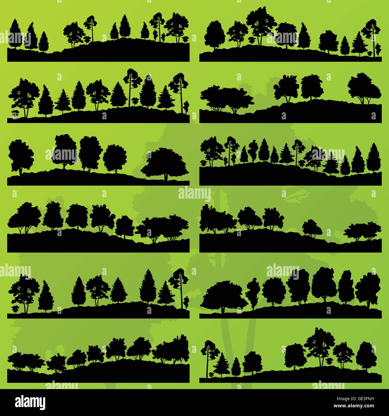 Forest trees silhouettes landscape illustration collection background ...