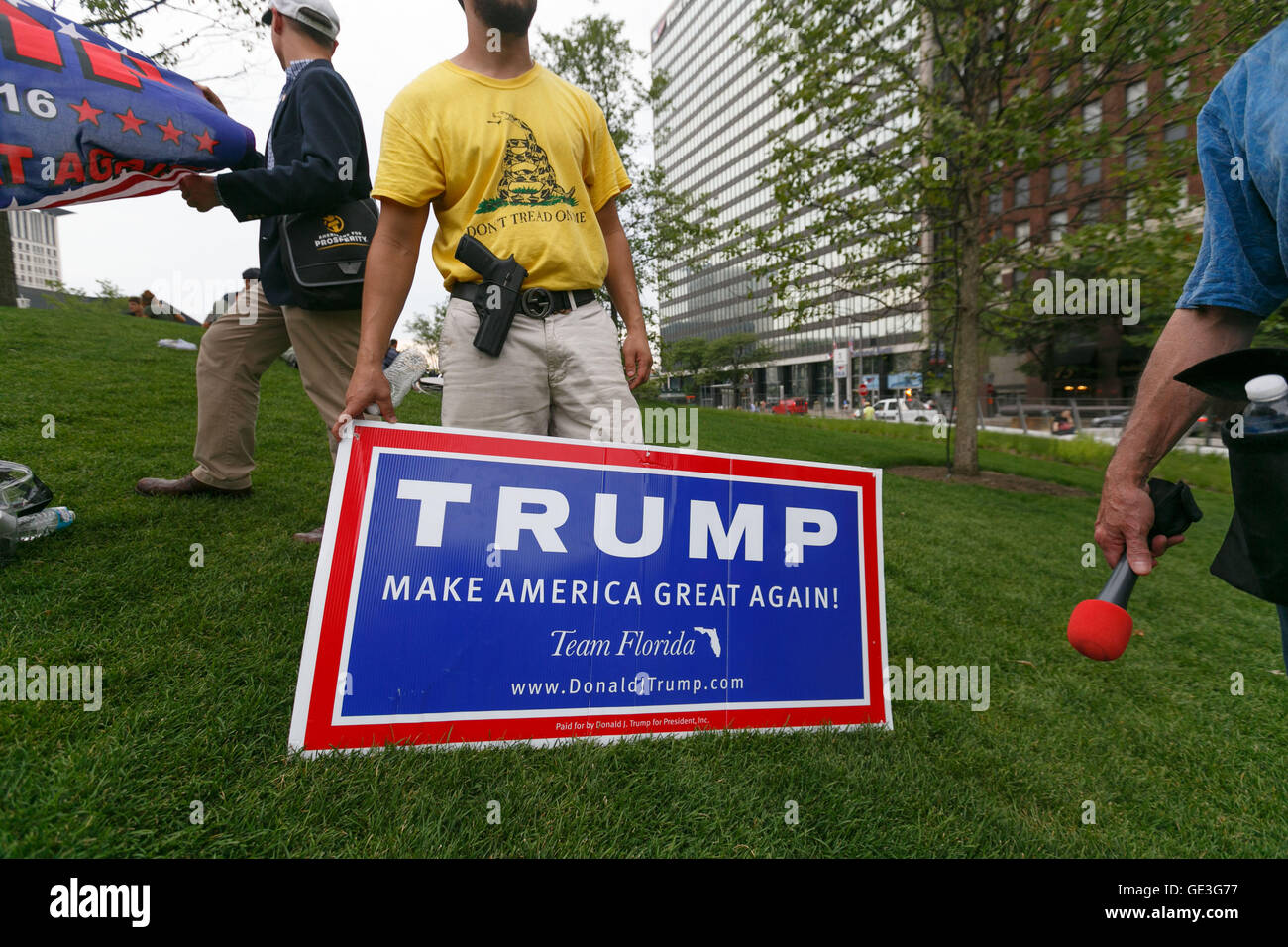 Cleveland, Ohio, USA. 21st July, 2016. A trump supporter with a holstered pistol stands in Public Square near the Republican National Convention site. Credit:  John Orvis/Alamy Live News Stock Photo