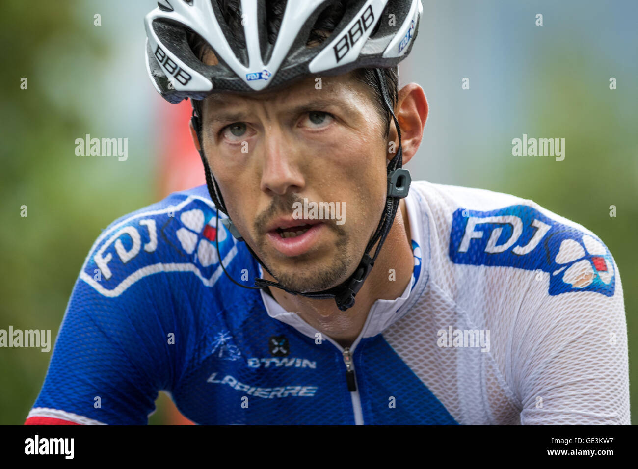 Tour de France. 22nd July, 2016. Saint-Gervais-les-Bains, FR. Steve Morabito (FDJ) looks up the last few hundred meters to the finish after climbing for over 9km. John Kavouris/Alamy Live News Stock Photo