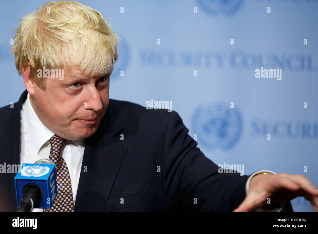 New York, USA. 22nd July, 2016.  British Foreign Secretary Boris Johnson speaks to the press at the United Nations headquarters in New York, July 22, 2016. British Foreign Secretary Boris Johnson, promising 'there's a deal to be done' on balancing freedom of movement and trade with members of the European Union, said here Friday the United Kingdom (UK) was going to 'be more visible, more active more energetic that ever before' on the international stage. Credit:  Li Muzi/Xinhua/Alamy Live News Stock Photo