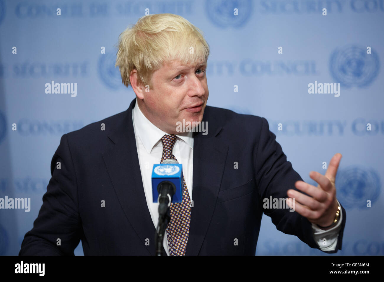 New York, USA. 22nd July, 2016.  British Foreign Secretary Boris Johnson speaks to the press at the United Nations headquarters in New York, July 22, 2016. British Foreign Secretary Boris Johnson, promising 'there's a deal to be done' on balancing freedom of movement and trade with members of the European Union, said here Friday the United Kingdom (UK) was going to 'be more visible, more active more energetic that ever before' on the international stage. Credit:  Li Muzi/Xinhua/Alamy Live News Stock Photo