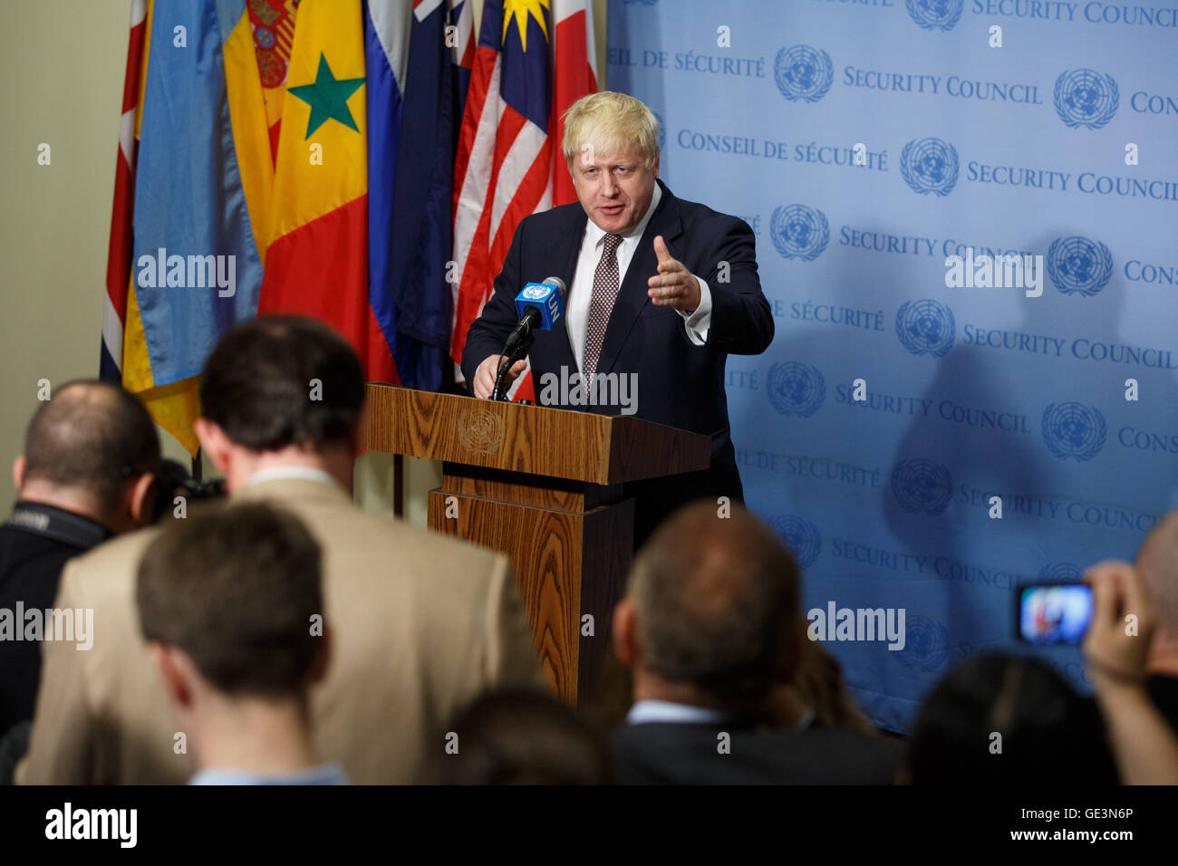 New York, USA. 22nd July, 2016.  British Foreign Secretary Boris Johnson speaks to the press at the United Nations headquarters in New York, July 22, 2016. British Foreign Secretary Boris Johnson, promising 'there's a deal to be done' on balancing freedom of movement and trade with members of the European Union, said here Friday the United Kingdom (UK) was going to 'be more visible, more active more energetic that ever before' on the international stage. Credit:  Li Muzi/Xinhua/Alamy Live News Stock Photo