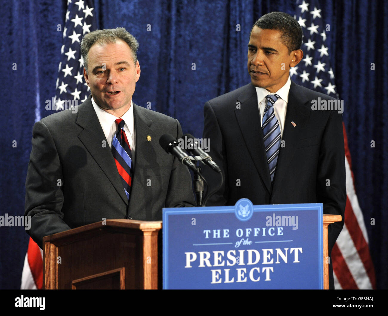Washington, District of Columbia, USA. 8th Jan, 2009. Washington, DC - January 8, 2009 -- Virginia Governor Tim Kaine (L) speaks alongside United States President-elect Barack Obama after Kaine was introduced as the new Chairman of the Democratic National Comittee in Washington on Thursday, January 8, 2009. Credit: Kevin Dietsch - Pool via CNP © Kevin Dietsch/CNP/ZUMA Wire/Alamy Live News Stock Photo