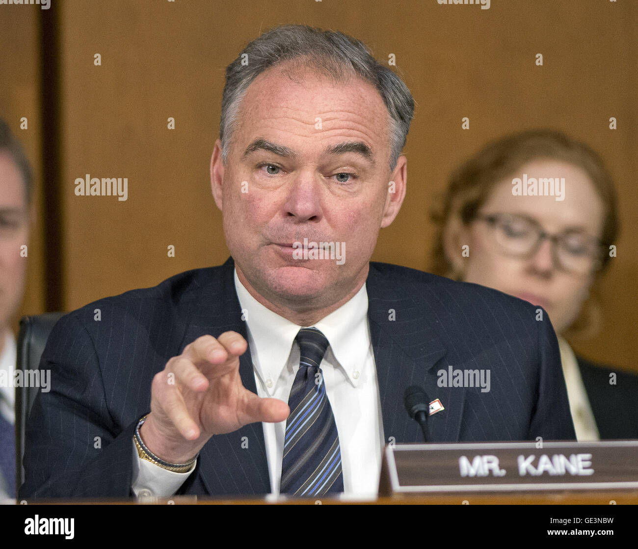 Washington, District of Columbia, USA. 16th Sep, 2014. United States Senator Tim Kaine (Democrat of Virginia) questions U.S. Secretary of Defense Chuck Hagel and Chairman, Joint Chiefs of Staff General Martin E. Dempsey, U.S. Army, as they deliver testimony before the U.S. Senate Committee on Armed Services on the U.S. policy towards Iraq and Syria and the threat posed by the Islamic State of Iraq and the Levant (ISIL) in Washington, DC on Tuesday, September 16, 2014.Credit: Ron Sachs/CNP © Ron Sachs/CNP/ZUMA Wire/Alamy Live News Stock Photo