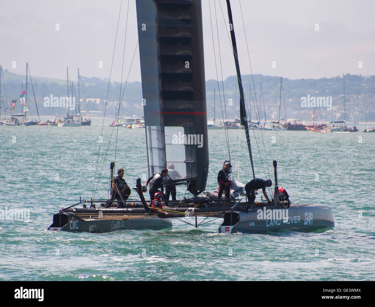 Portsmouth, England 23 July 2016. Team Land Rover Ben Ainslie racing make preparations for the first day of racing in the Americas Cup World Series, in the Solent. Credit:  simon evans/Alamy Live News Stock Photo