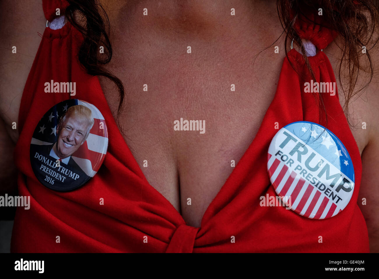Cleveland, Ohio, USA. 20th July, 2016. A Trump supporter and her own customized dress with Trump badges. © Axelle Horstmann/ZUMA Wire/Alamy Live News Stock Photo