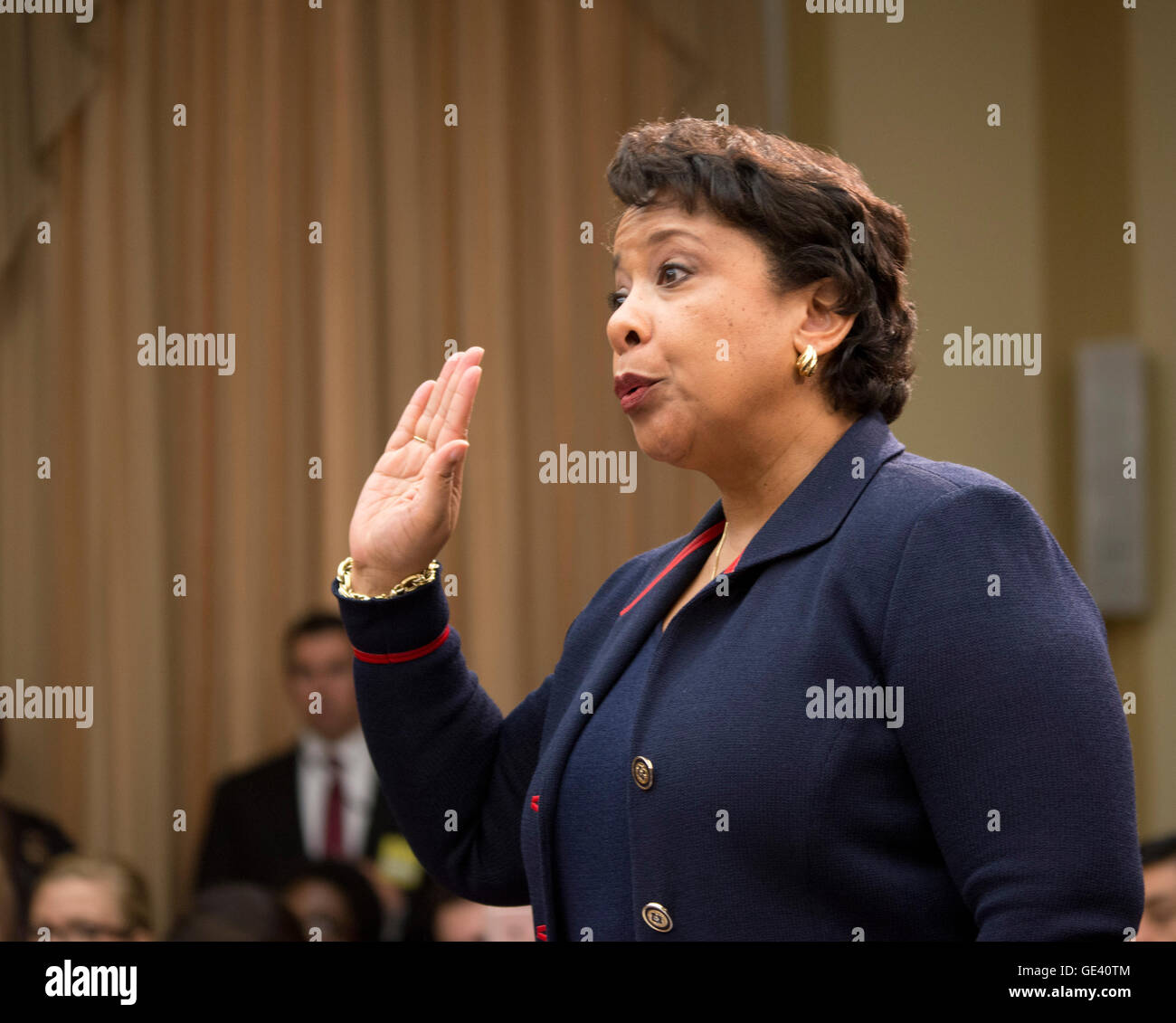 Washington DC, July 12 2016, USA--Attorney General Loretta Lynch testifies in front of the House Judiciary Committee on the recent violence spreading throughout the US and the FBI probe in to former Secretary of State Hilary Clinton's emails. Patsy Lynch/MediaPunch Stock Photo