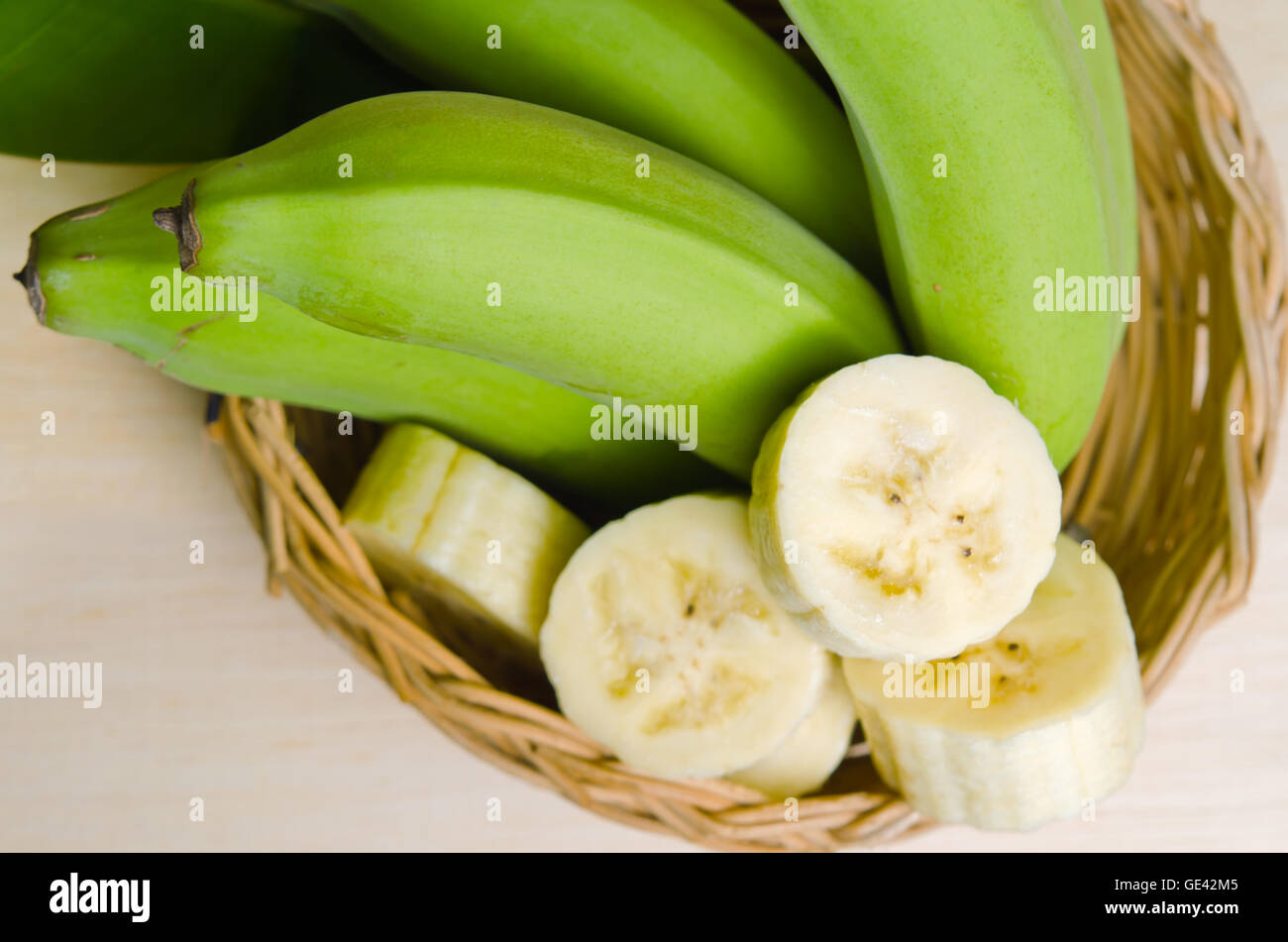 Banana (Other names are Musa acuminata, Musa balbisiana, and Musa x paradisiaca) fruit with banana leaf on basket Stock Photo
