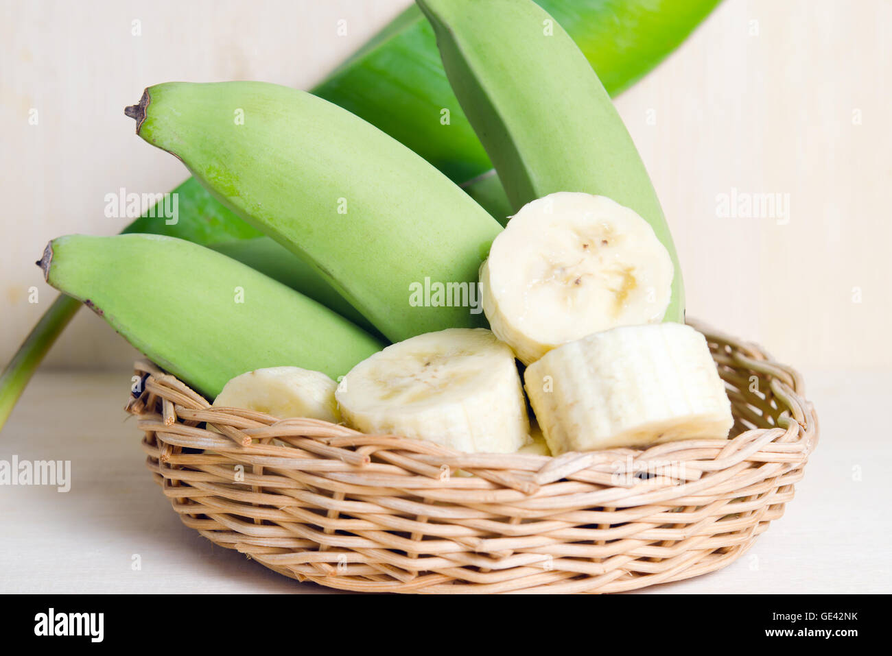 Banana (Other names are Musa acuminata, Musa balbisiana, and Musa x paradisiaca) fruit with banana leaf on basket Stock Photo