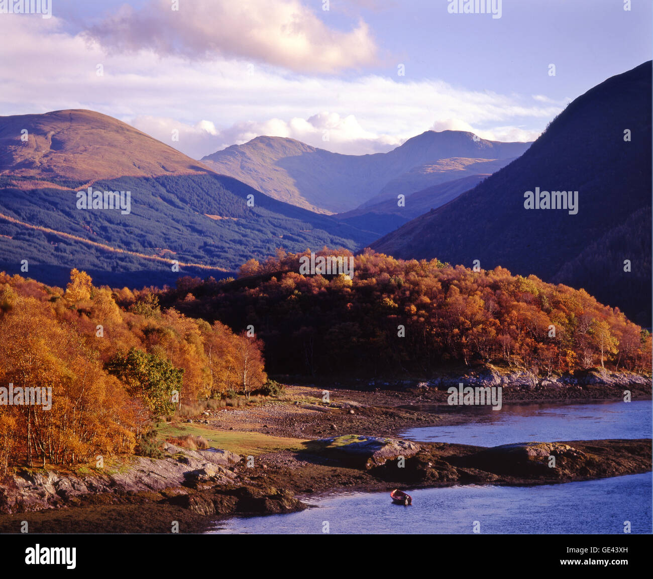Autumn view across Bishops Bay, Loch Leven, West Highlands Stock Photo