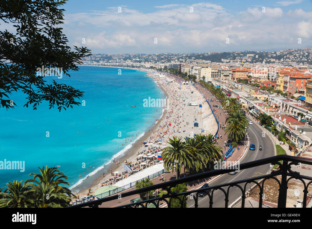 Nice, French Riviera, Cote d'Azur, France.  Beach and Promenade des Anglais seen from Parc de la Colline du Chateau Stock Photo