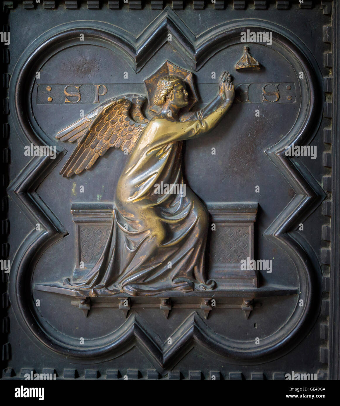Florence, Florence Province, Tuscany, Italy. A lower panel of the south door of the Baptistery by Italian sculptor Andrea Pisano Stock Photo