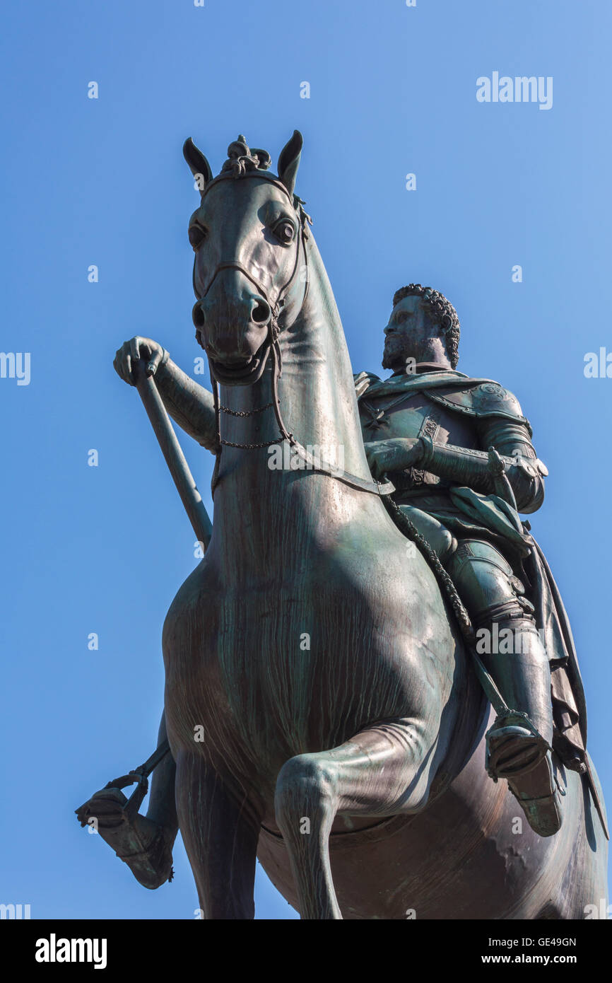 Florence, Florence Province, Tuscany, Italy.  Equestrian bronze statue of Ferdinando I de' Medici, Grand Duke of Tuscany. Stock Photo