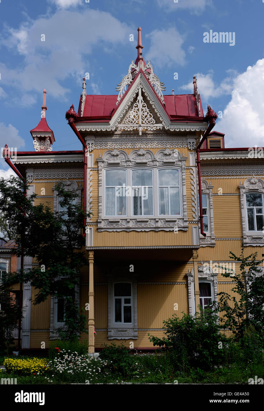 One of the most beautiful wooden houses in Russia. The real pearl of wooden architecture. House with firebirds. Stock Photo