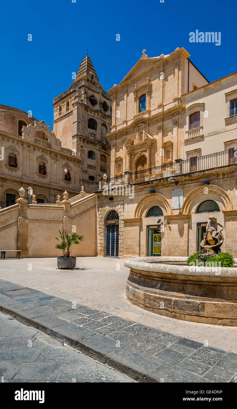 Italy Sicily Noto Church San Francesco D'Assisi all'Immacolata and Bell Tower of Manastery ss. Salvatore Stock Photo