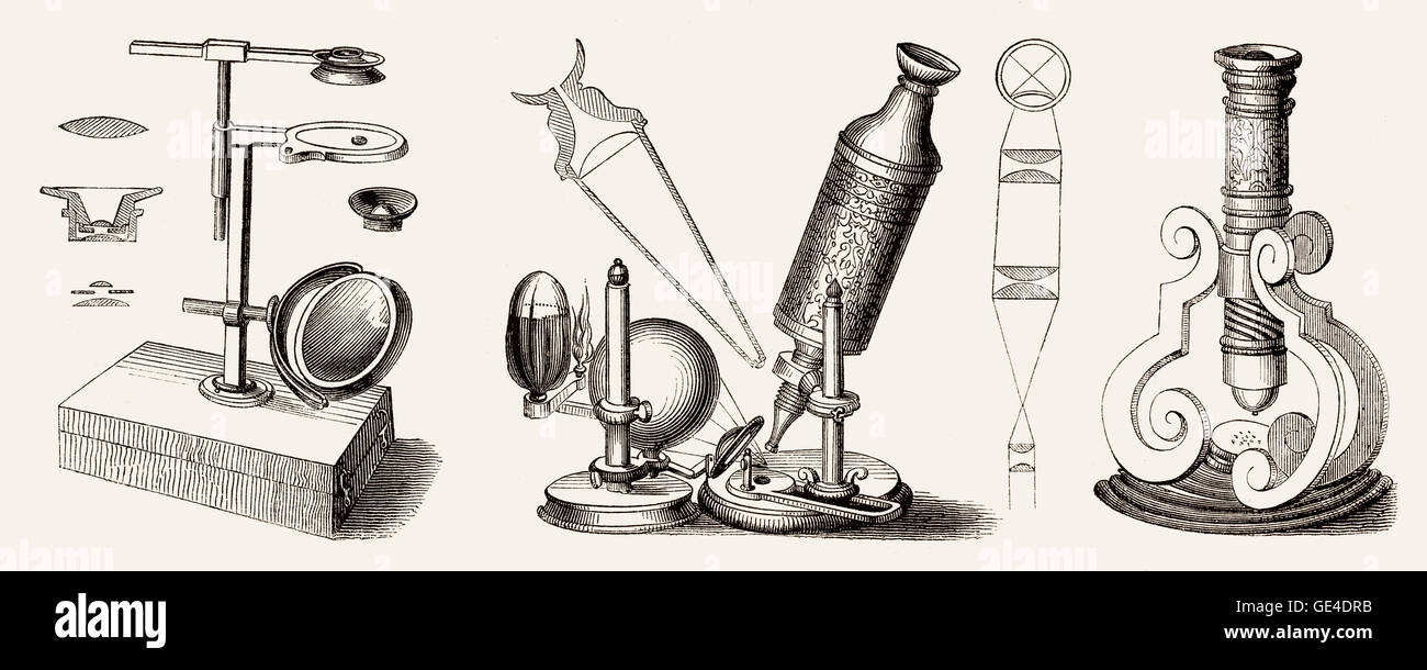 Old microscopes by John Cuff, Robert Hooke, Johann Franz Griendel, 17th and 18th century Stock Photo