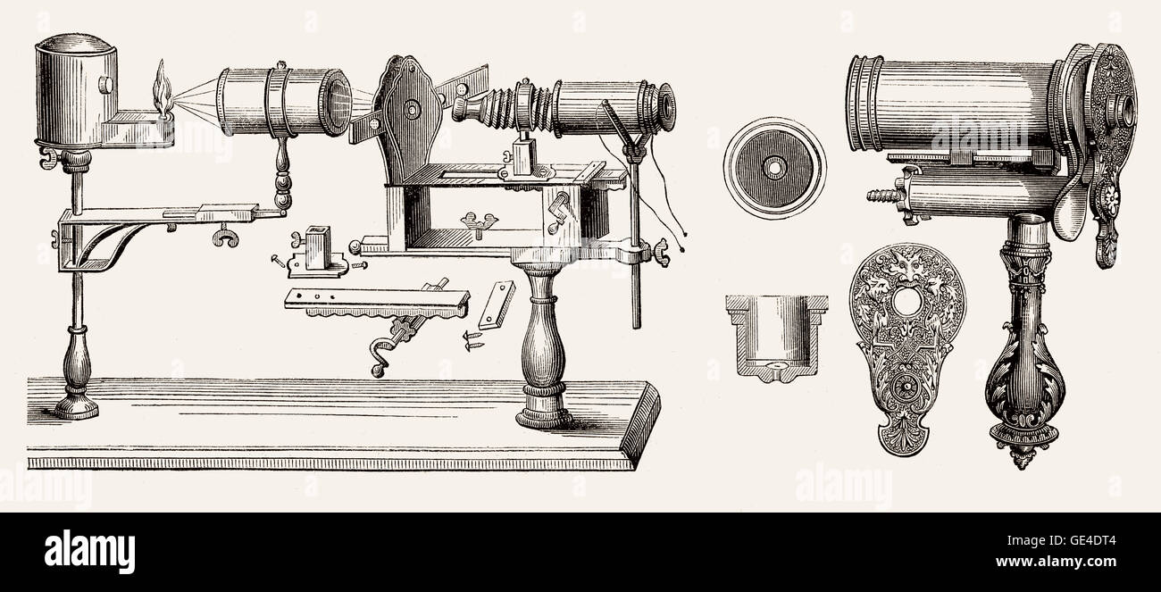 Old microscopes by Filippo Bonanni, Louis Joblot, microscopes microscope microscopical microscopic technologies technology Resea Stock Photo