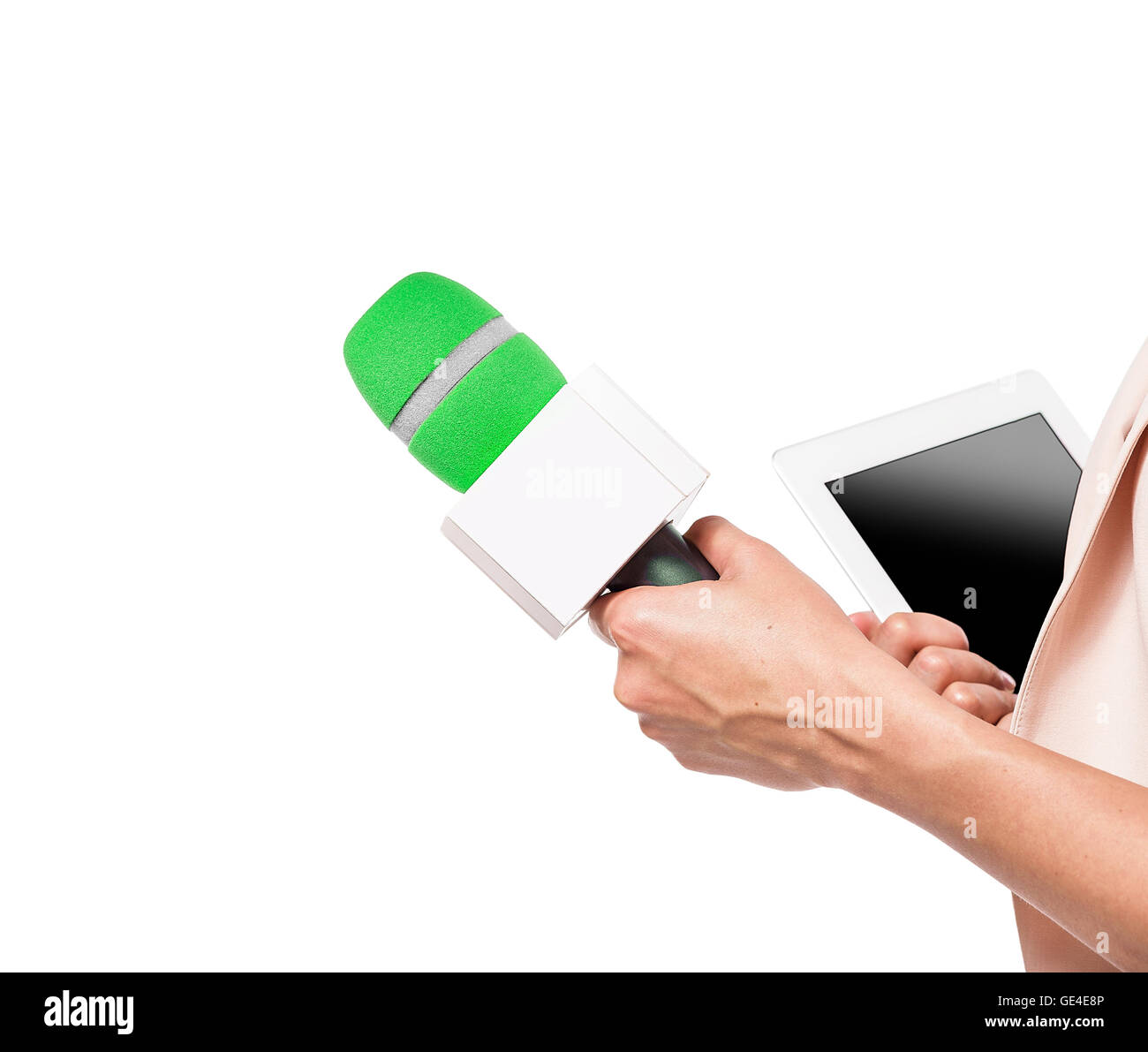 TV presenter holding a microphone and tablet pc close-up. Isolated on ...