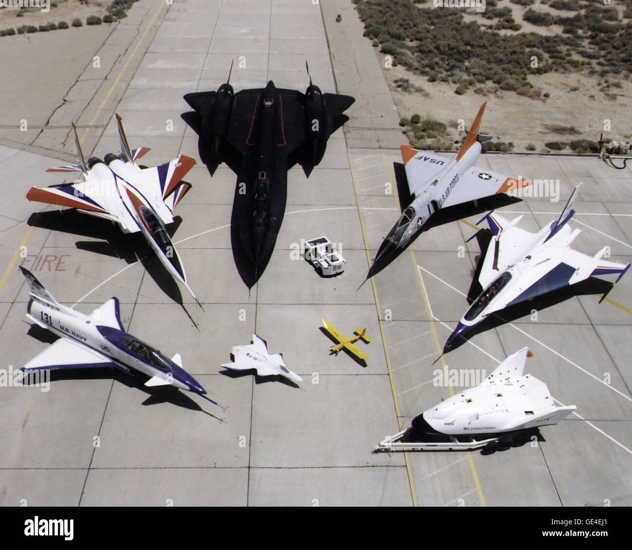 A collection of NASA's research aircraft on the ramp at the Dryden Flight Research Center in July 1997: X-31, F-15 ACTIVE, SR-71, F-106, F-16XL Ship #2, X-38, and X-36.   Image # EC97-44165-149 Date: July 1, 1997 Stock Photo