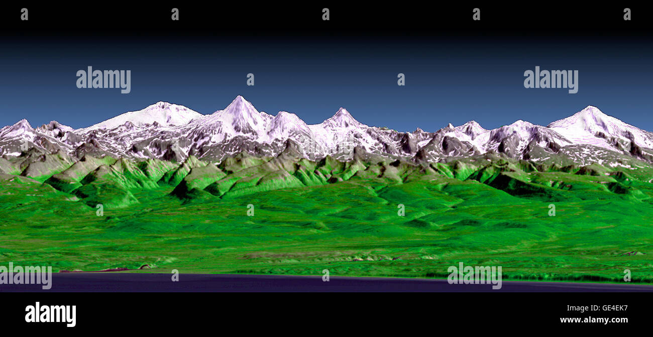 This perspective view shows the western side of the volcanically active Kamchatka Peninsula in eastern Russia. The image was generated using the first data collected during the Shuttle Radar Topography Mission (SRTM). In the foreground is the Sea of Okhotsk. Inland from the coast, vegetated floodplains and low relief hills rise toward snow capped peaks. The topographic effects on snow and vegetation distribution are very clear in this near-horizontal view. Forming the skyline is the Sredinnyy Khrebet, the volcanic mountain range that makes up the spine of the peninsula. High resolution SRTM to Stock Photo