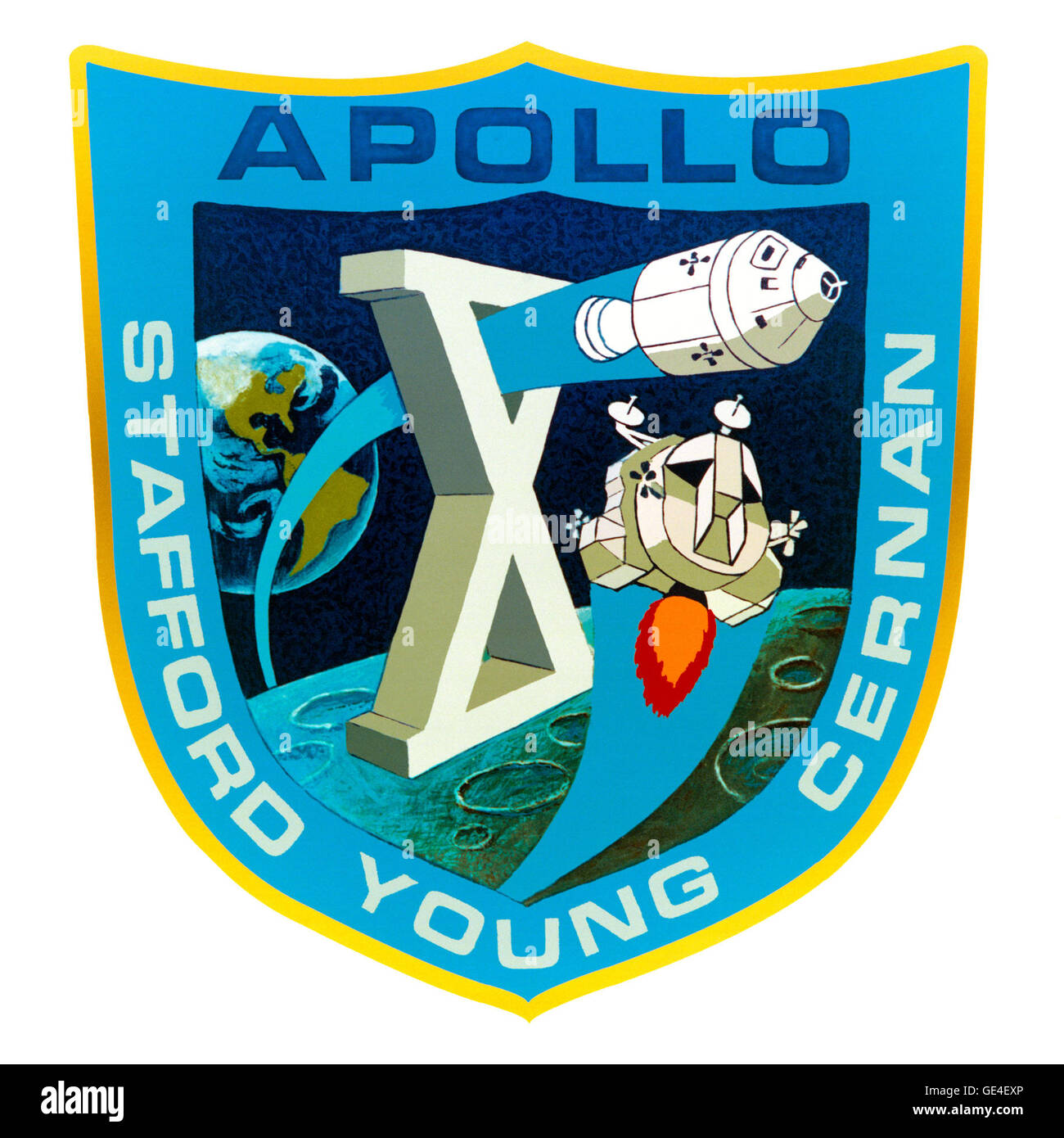 Launch- May 18, 1969  Landing- May 26, 1969 Astronauts- Thomas Stafford, Eugene Cernan and John Young Apollo 10 experienced a couple firsts in spaceflight. The first live color TV transmission to Earth began three hours after launch, as well as the first decent toward the moon. The Lunar Module (LM) detached from the Command and Service Module (CSM) and descended toward the moon for a lower orbit to check the LM landing radar for altitude functioning.  www.nasa.gov/mission pages/apollo/missions/apollo10.html#... ( http://www.nasa.gov/mission pages/apollo/missions/apollo10.html#.VAigVhCa-So ) Stock Photo