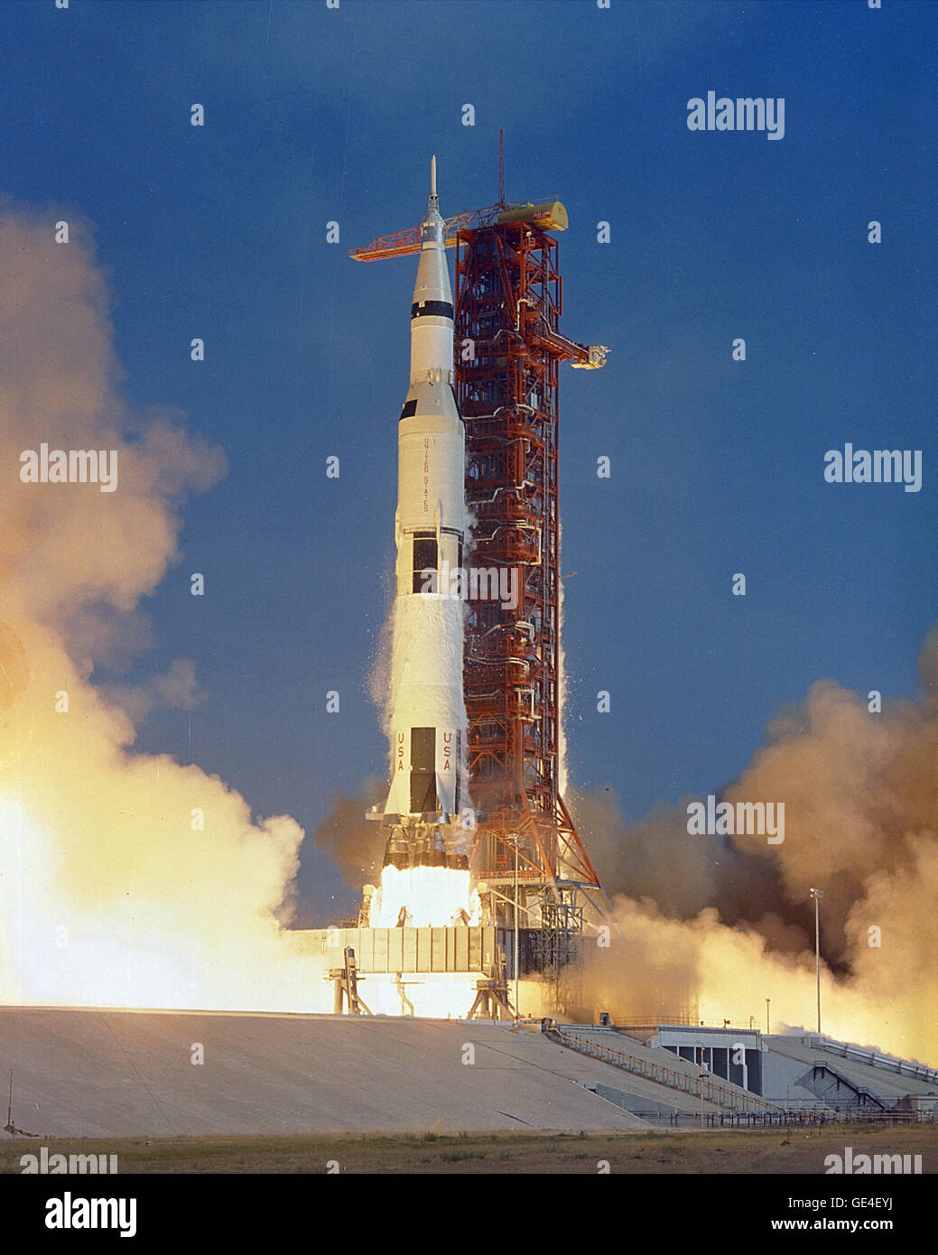 (July 16, 1969) The Apollo 11 Saturn V space vehicle lifts off with astronauts Neil A. Armstrong, Michael Collins and Edwin E. Aldrin, Jr., at 9:32 a.m. EDT July 16, 1969, from Kennedy Space Center's Launch Complex 39A.  Image # : 69PC-0447 Stock Photo