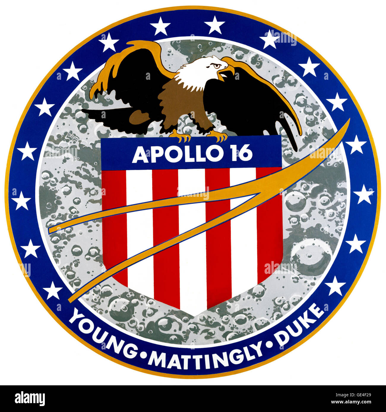 Launch- April 16, 1972  Landing- April 27, 1972 Astronauts- John W. Young, Charles M. Duke Jr. and Thomas K. Mattingly II Apollo 16 had a couple display malfunctions as well as some telemetry problems that forced the mission to be shortened by one day. However the astronauts were able to collect 209 pounds of moon rocks and drove 16.6 miles in the rover.  www.nasa.gov/mission pages/apollo/missions/apollo16.html#... ( http://www.nasa.gov/mission pages/apollo/missions/apollo16.html#.VAi4EBCa-So ) Stock Photo