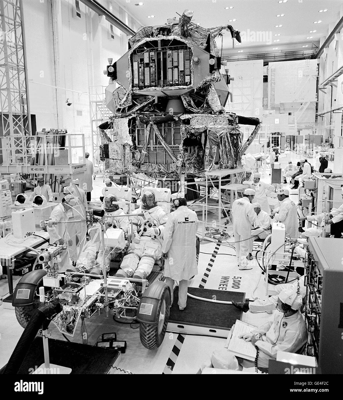 (August 9, 1972) The Kennedy Space Center launch team is shown here continuing the checkout of Apollo 17 flight hardware for the final lunar exploration mission of Project Apollo. A mission simulation to check out the lunar roving vehicle and all its systems was successfully carried out. Participating in the test, conducted in conjunction with the Manned Spacecraft Center (now the Johnson Space Center) in Houston, Texas, were prime crew members Harrison H. Schmitt, Lunar Module Pilot, left, and Eugene A. Cernan, Commander. Rollout of the Apollo 17 space vehicle to Complex 39's Pad A happened o Stock Photo