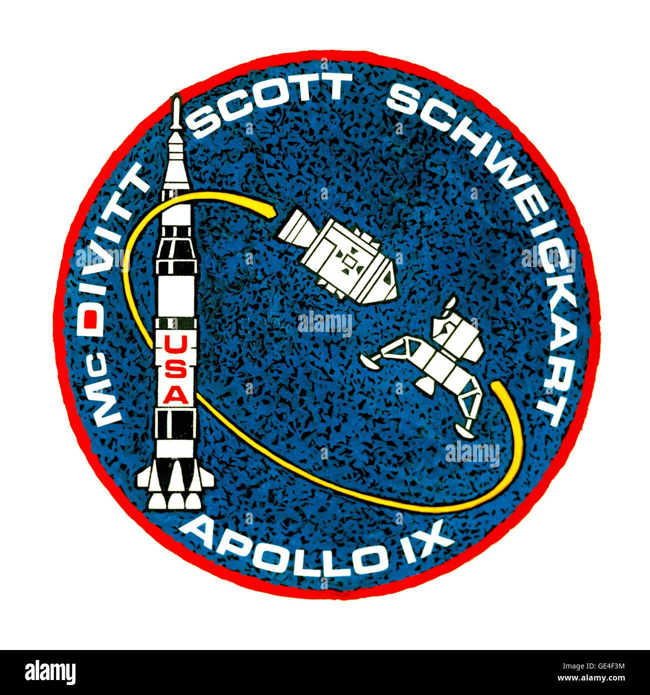Launch- March 3, 1969 Landing- March 13, 1969 Astronauts- James A. McDivitt, Russell L. Schweickart and David R. Scott Apollo 9 preformed the first two successful rendezvous and docking with the Command and Service Module (CSM) and Lunar Module (LM). Overall the mission was a success with all the prime mission objectives being met.  www.nasa.gov/mission pages/apollo/missions/apollo9.html#.... ( http://www.nasa.gov/mission pages/apollo/missions/apollo9.html#.VAidLRCa-So ) Stock Photo