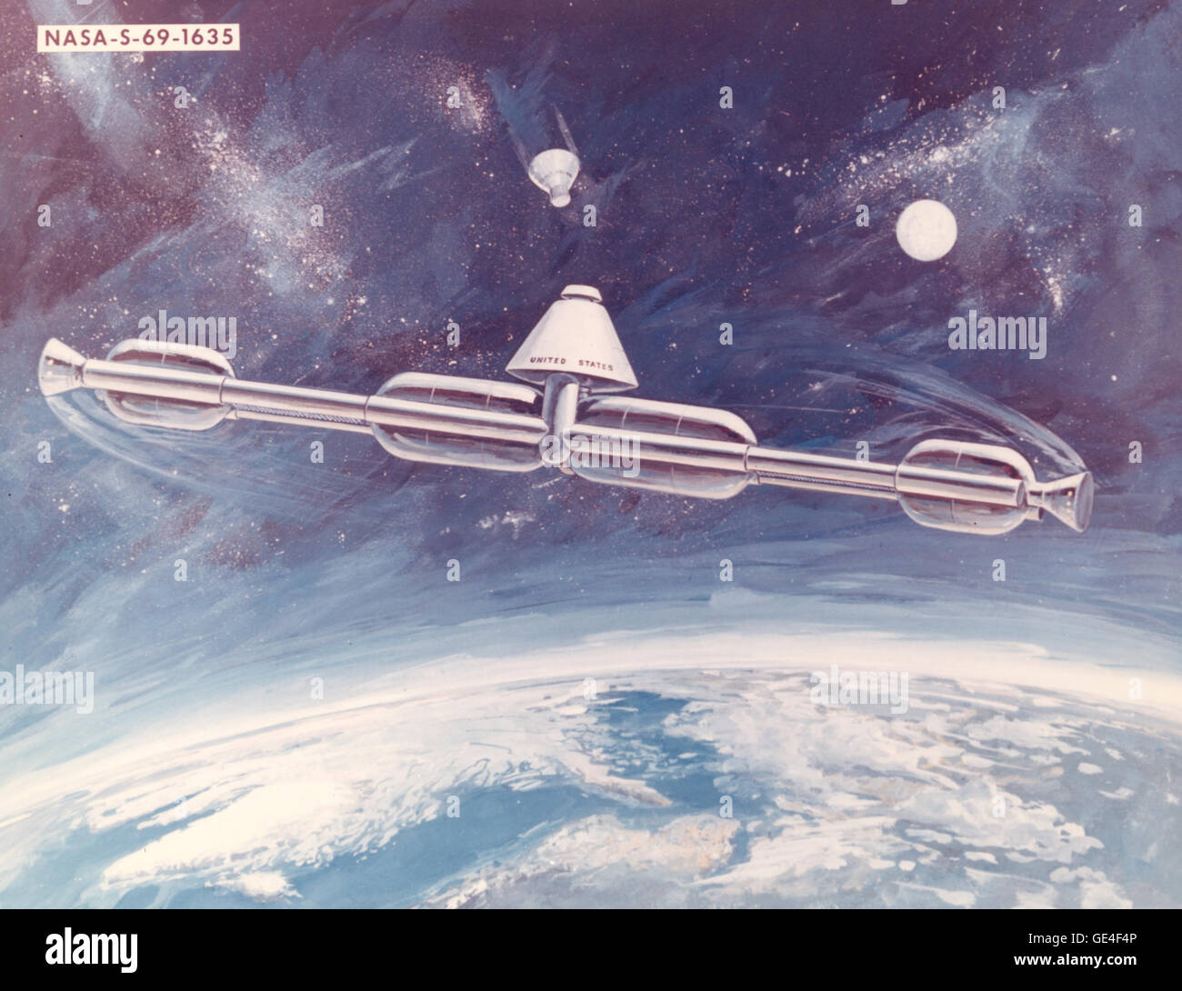 A 1969 station concept. The station was to rotate on its central axis to produce artificial gravity. The majority of early space station concepts created artificial gravity one way or another in order to simulate a more natural or familiar environment for the health of the astronauts. After returning from a micro-gravity environment, astronauts find their muscles weak because they have not been using them. Long-term exposure to micro-gravity could generate long-term health problems for astronauts who do not utilize their muscles. This is why there are exercise machines on space shuttles and on Stock Photo