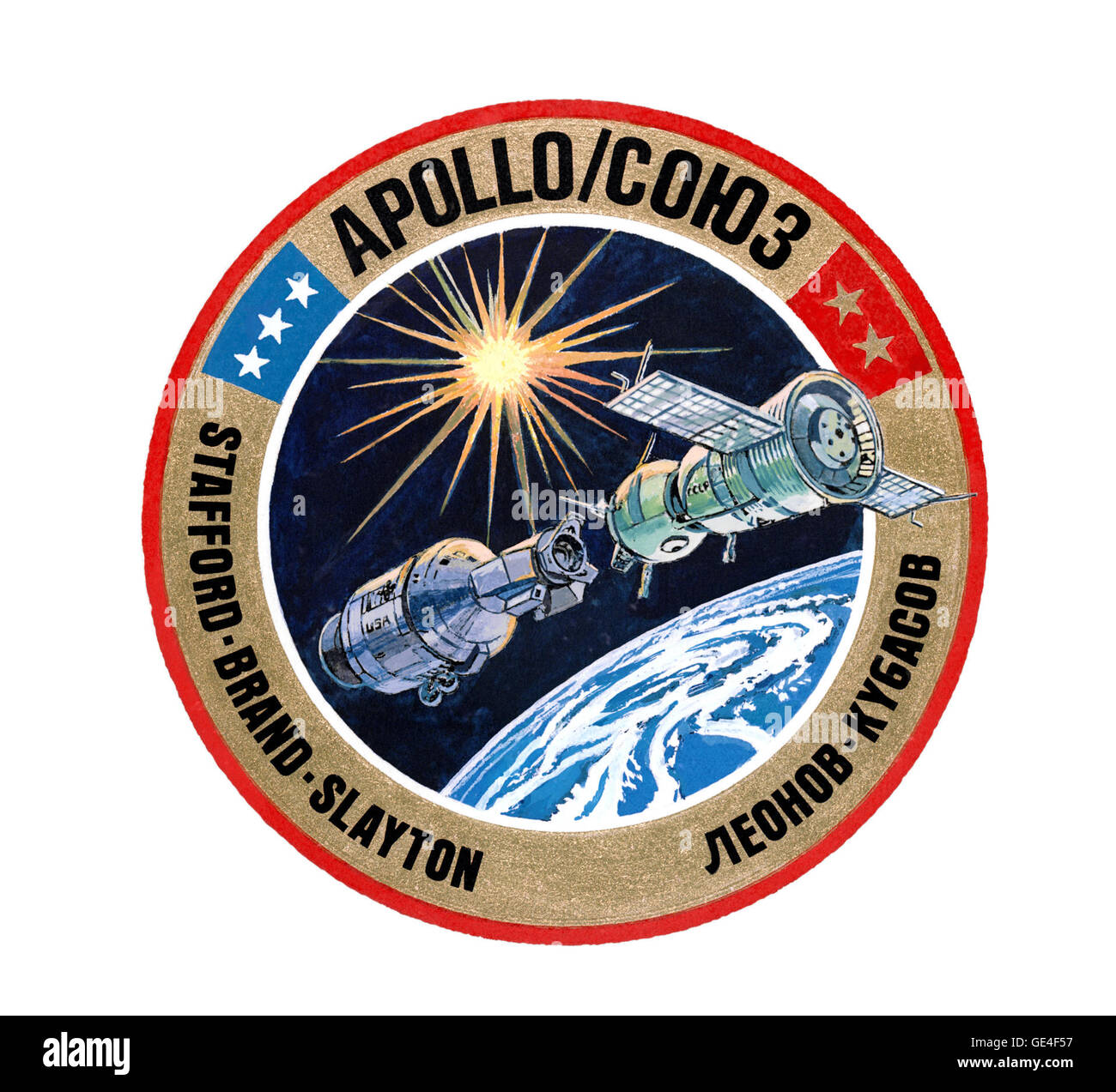 This is the American crew insignia of the joint United States-USSR Apollo-Soyuz Test Project (ASTP). The white stars on the blue background represent American astronauts Thomas P. Stafford, commander; Vance D. Brand, command module pilot; and Donald (Deke) K. Slayton, docking module pilot. The dark gold stars on the red background represent Soviet cosmonauts Aleksey A. Leonov, commander, and Valeriy N. Kubasov, engineer.  Image # : S75-20361 Date: February 27, 1975 Stock Photo