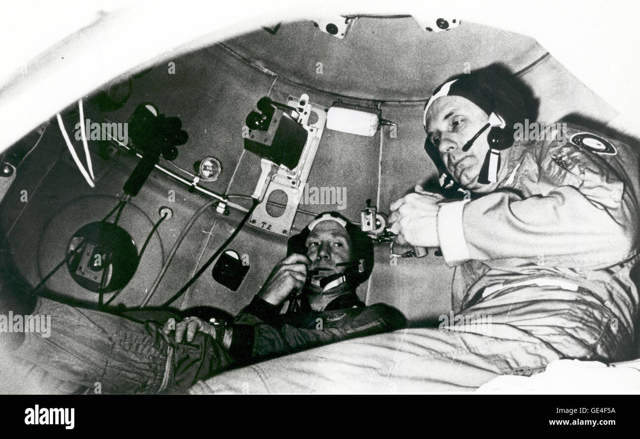 Cosmonaut Aleksey A. Leonov (left) and astronaut Thomas P. Stafford take part in Apollo-Soyuz Test Project (ASTP) joint crew training at the Cosmonaut Training Center (Star City) near Moscow. They are inside a Soviet Soyuz orbital module trainer. The two men were the commanders of their respective ASTP prime crews. ASTP was a cooperative space mission between the United States and the USSR. The goals of ASTP were to test the ability of American and Soviet spacecraft to rendezvous and dock in space and to open the doors to possible international rescue missions and future collaboration on manne Stock Photo