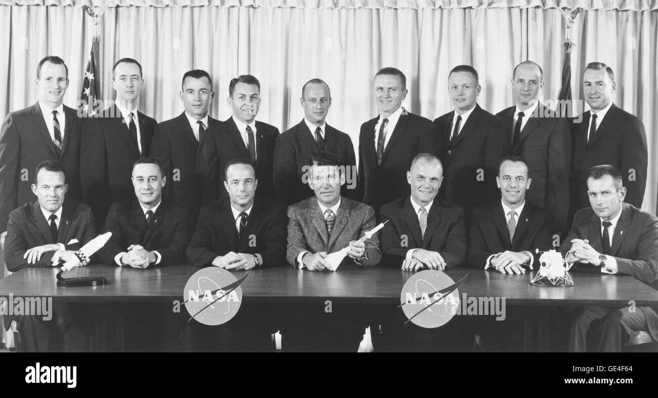 Astronaut Groups 1 and 2. The original seven Mercury astronauts selected by NASA in April 1959, are seated (left to right): L. Gordon Cooper Jr., Virgil I. Grissom, M. Scott Carpenter, Water M. Schirra Jr., John H. Glenn Jr., Alan B. Shepard Jr., and Donald K. Slayton. The second group of NASA astronauts, which were named in September, 1962, are standing (left to right): Edward H. White II, James A. McDivitt, John W. Young, Elliot M. See Jr., Charles Conrad Jr., Frank Borman, Neil A. Armstrong, Thomas P. Stafford, and James A. Lovell Jr. Stock Photo