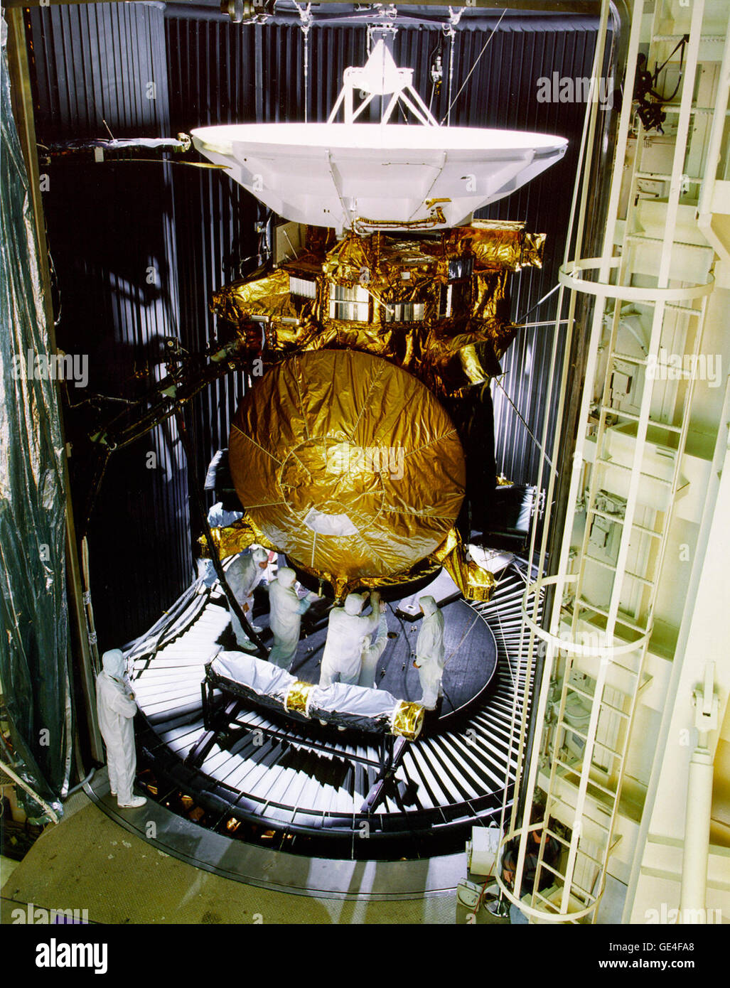 (October 31, 1996) The newly assembled Cassini Saturn probe undergoes vibration and thermal testing at the JPL facilities in Pasadena, California. Subjected to weeks of &quot;shake and bake&quot; tests that imitate the forces and extreme temperatures the spacecraft will experience during launch and spaceflight. Cassini's mission is to orbit Saturn for four years and study the planet, its rings and moons in detail. The large moon Titan is a principal target for exploration, and Cassini will carry the Huygens probe, (gold-mylar circular object seen here mounted on the front of the spacecraft) to Stock Photo