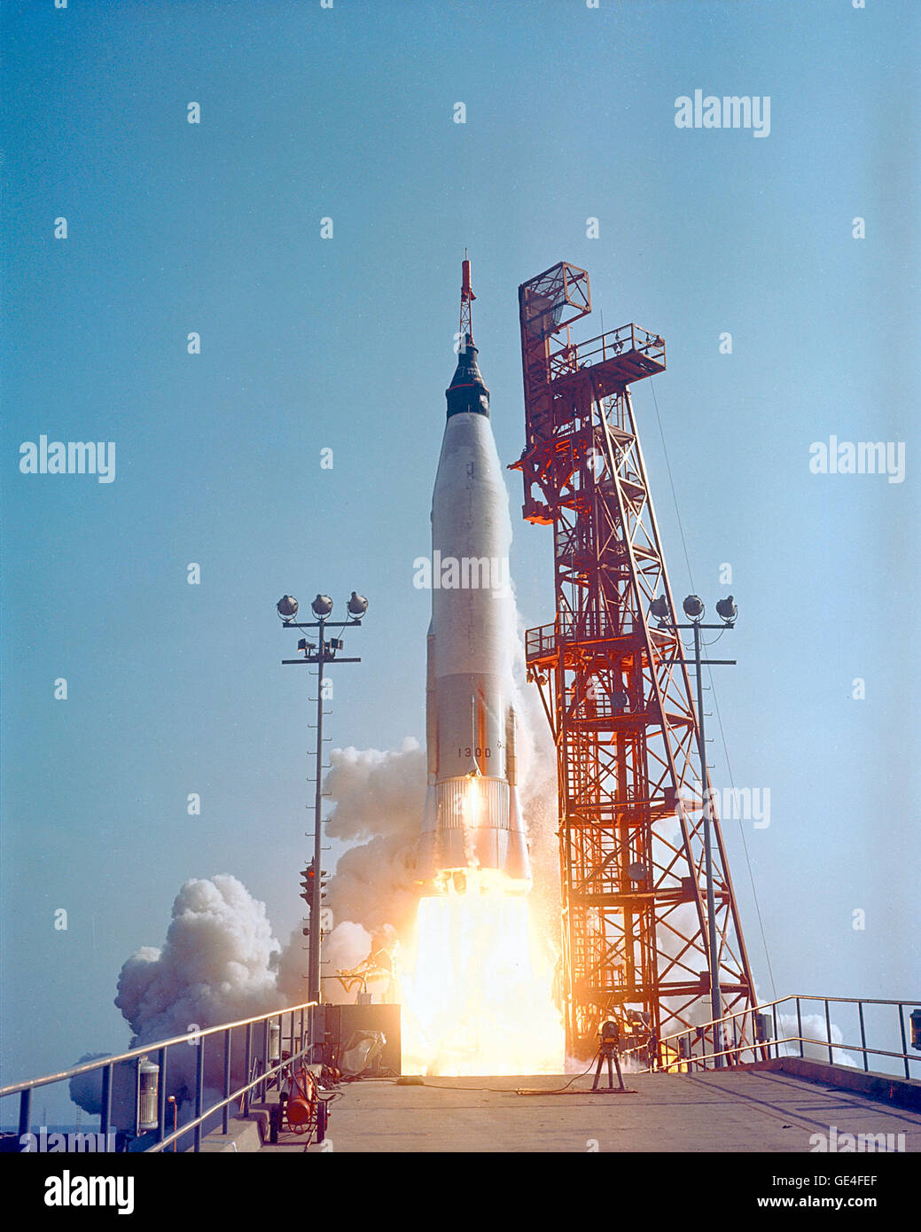 Mercury-Atlas 9 lifts off from Pad 14 at Cape Canaveral with astronaut L. Gordon Cooper aboard Faith 7 for the nation's longest manned orbital flight. Lift-off occurred at 8:04 a.m. EST, on May 15, 1963. And 34 hours, 20 minutes, 30 seconds, and 22 orbits later, Gordon Cooper was resting in his Faith 7 space capsule in the blue Pacific Ocean.  Image # : 63C-1414 Stock Photo