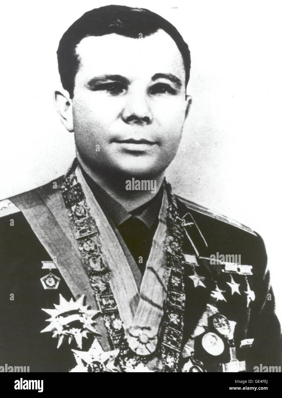 Yuri Gagarin was born on March 9, 1934 in a town outside of Moscow, Russia. After graduating from secondary school in 1949, Gagarin went to several technical schools before joining the Orenburg Higher Air Force School in 1955. He began his cosmonaut training in 1960, along with 19 other candidates. On April 12, 1961 at 9:06 am Gagarin lifted off in the Vostok 1 spacecraft and after a 108-minute flight of extended microgravity, he parachuted safely to the ground in the Saratov region of the USSR. As the first human to fly in space, he successfully completed one orbit around the Earth. After his Stock Photo